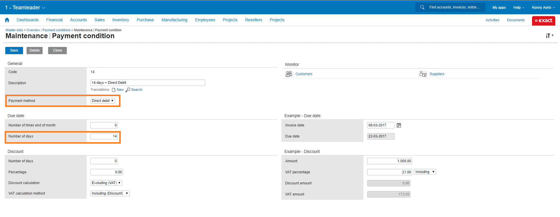 Connecting Exact to Teamleader Focus - Direct debit payment term