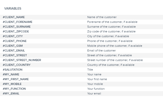 Email template: variables